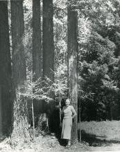 Old photo of watershed with woman in foreground